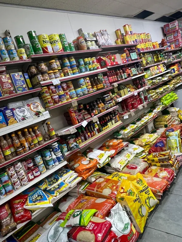 Our shelves of rice, seasonings, oils and Afro-Caribbean groceries