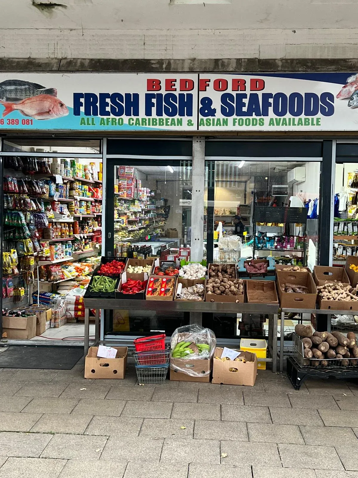The entrance and produce display at Bedford Fresh Fish & Seafoods