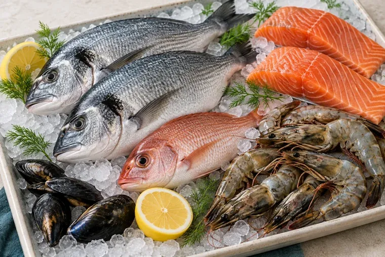 Whole fish and fresh seafood, illustrative product photograph