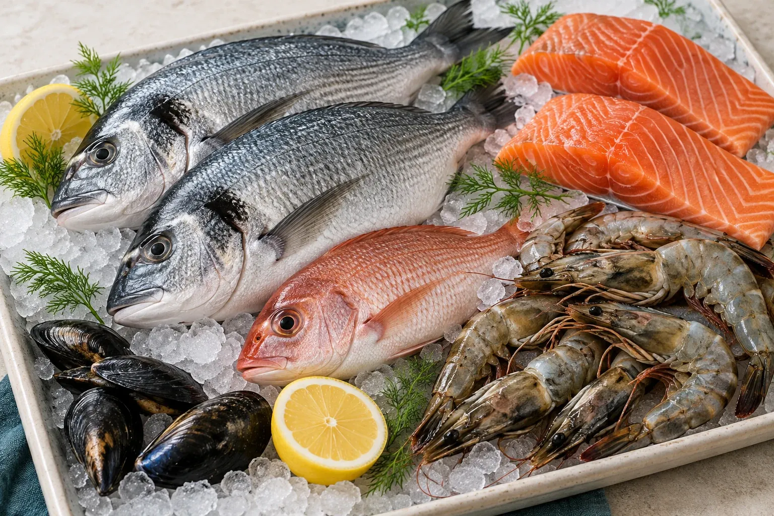 Illustrative arrangement of whole fish, salmon, prawns and mussels on ice